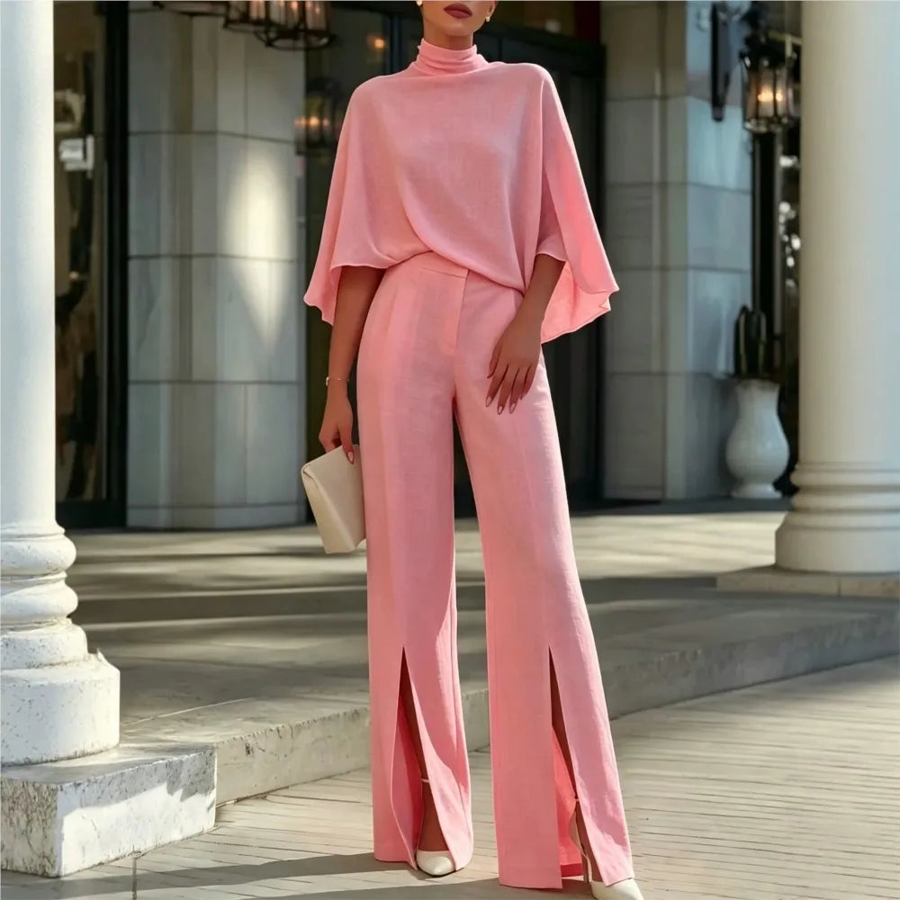 Autumn Women's Half Turtleneck Shawl Top Fashion Slit Wide Leg Trousers 2piece Suit Elegant Slim Fit Female Office Trousers Suit