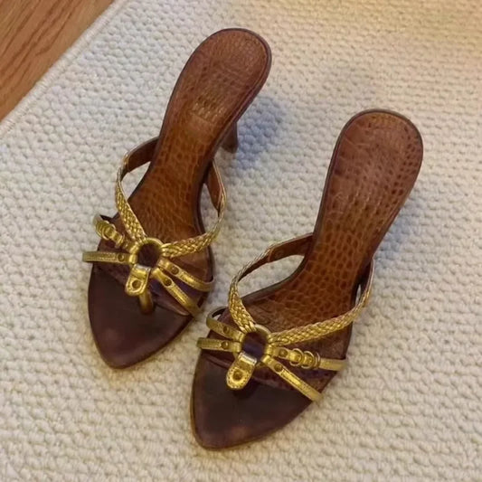 Women's Open-Toe Woven Cross Band Sandals Summer 2026 New Outdoor Wear Middle-aged Vintage Thin Heel Pointed Toe High Heels