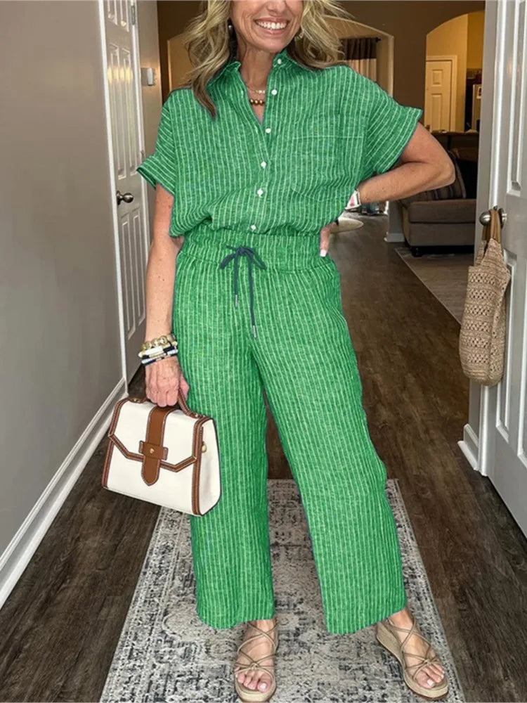 Classic Spring Autumn Cotton Linen Striped Printed Short Sleeve Shirt 2 Piece Set Retro Casual Loose Waist Trousers Women's Suit
