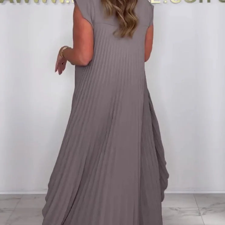 Summer Solid Casual Holiday Two Piece Sets Elegant Women Pleated Irregular O Neck Sleeveless Top + Wide-leg Pants Loose Outfits
