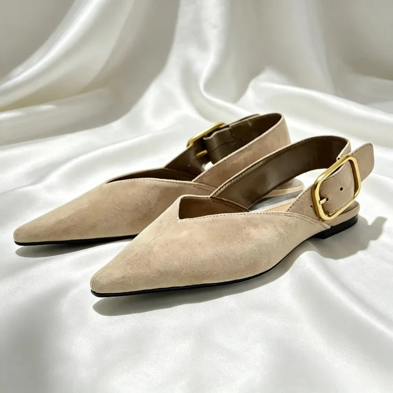 Fashion Back Strap Metal Buckle Flat Pumps Women Retro Brown Faux Suede Pointed Toe Slingback Loafers Comfortable Women Shoes