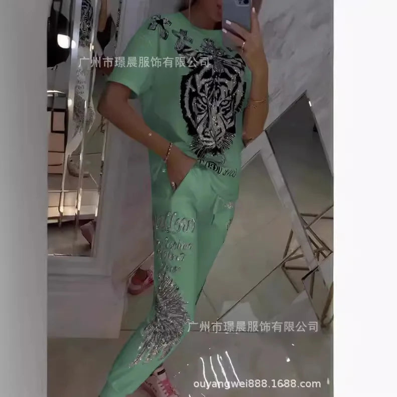 Spring Women Suit Print O-neck Short Sleeve Top Lace Up Long Pants Suits Female New Casual Elegant Trendy Ladies Clothes