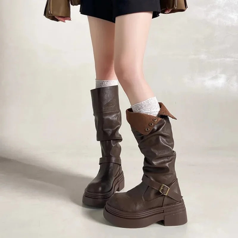 Women's High Knee Boots, Chunky Platform Stacked Rider Boots, Spring/Autumn Two-Way Edgy Fold-Over Cuff Fashion Design