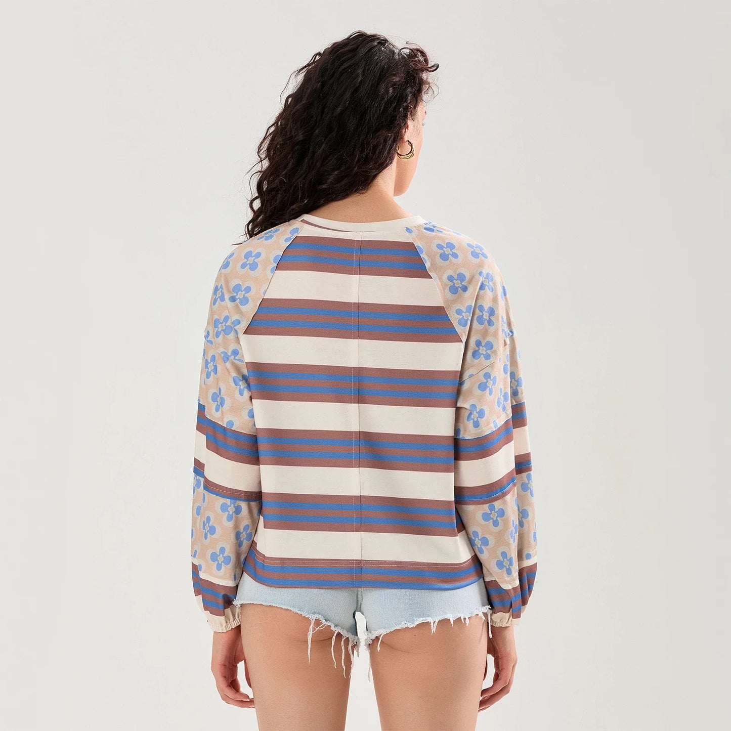 Loose Knitted Tops Women Contrast Color Stripe Floral Print Long Sleeve Pullovers Fall Winter Casual Jumpers