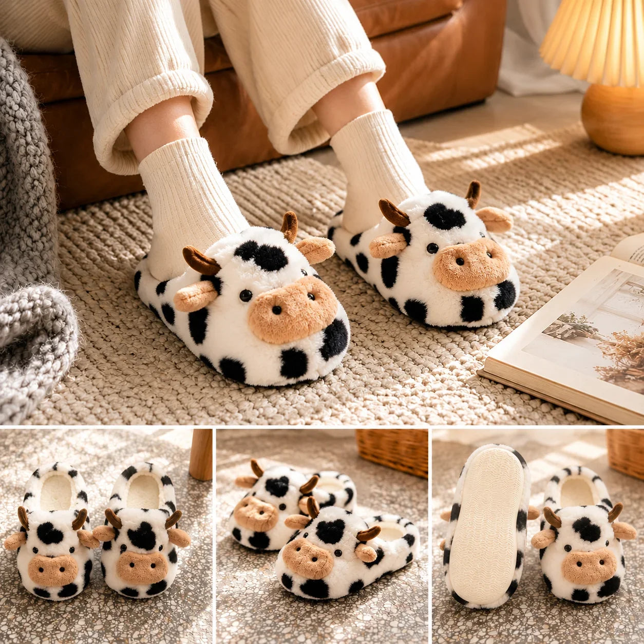 A Pair of Cute Cartoon 3D Cow Plush Slippers for Women, Comfortable Fluffy Home Slippers with Soft Soles for the Bedroom, Cute 3D Milk-Themed Warm Non-Slip Indoor Slippers, Lightweight and Silent Comfortable Shoes for Women, a Top Choice for Holiday Gifts