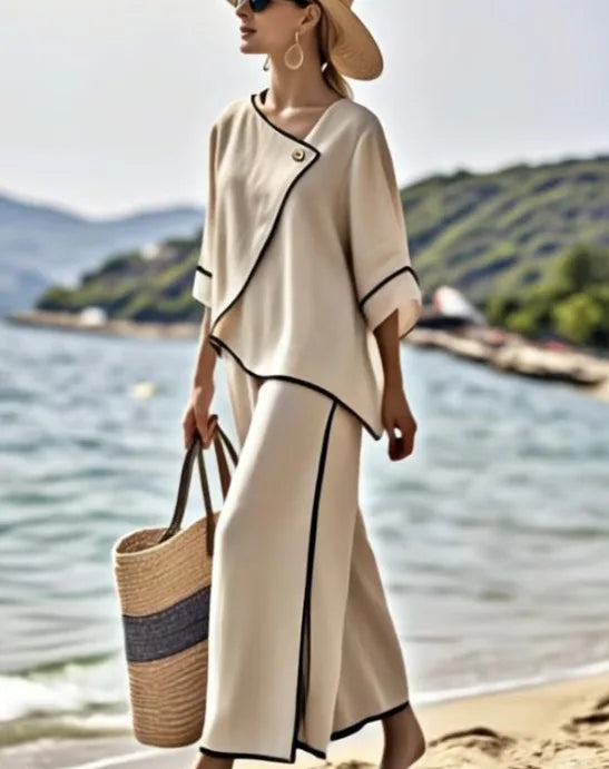 Women Loose Striped Print Split Wide Legs Pants Two Piece Sets Spring Elegant Slanted Short Sleeves Set Office Ladies 2Piece Set