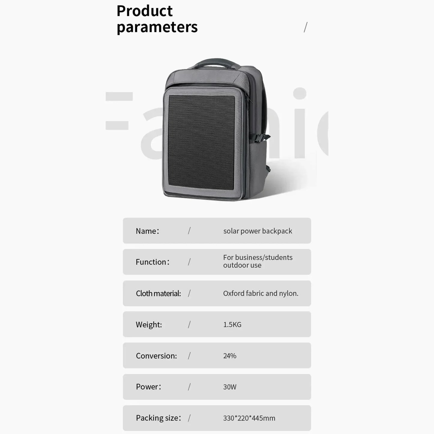 Solar Charging Backpacks 30W Solar Panel 44x32x17CM 35L Oxford Cloth Lightweight Waterproof Zipper Bag Outdoor Bag Accessories