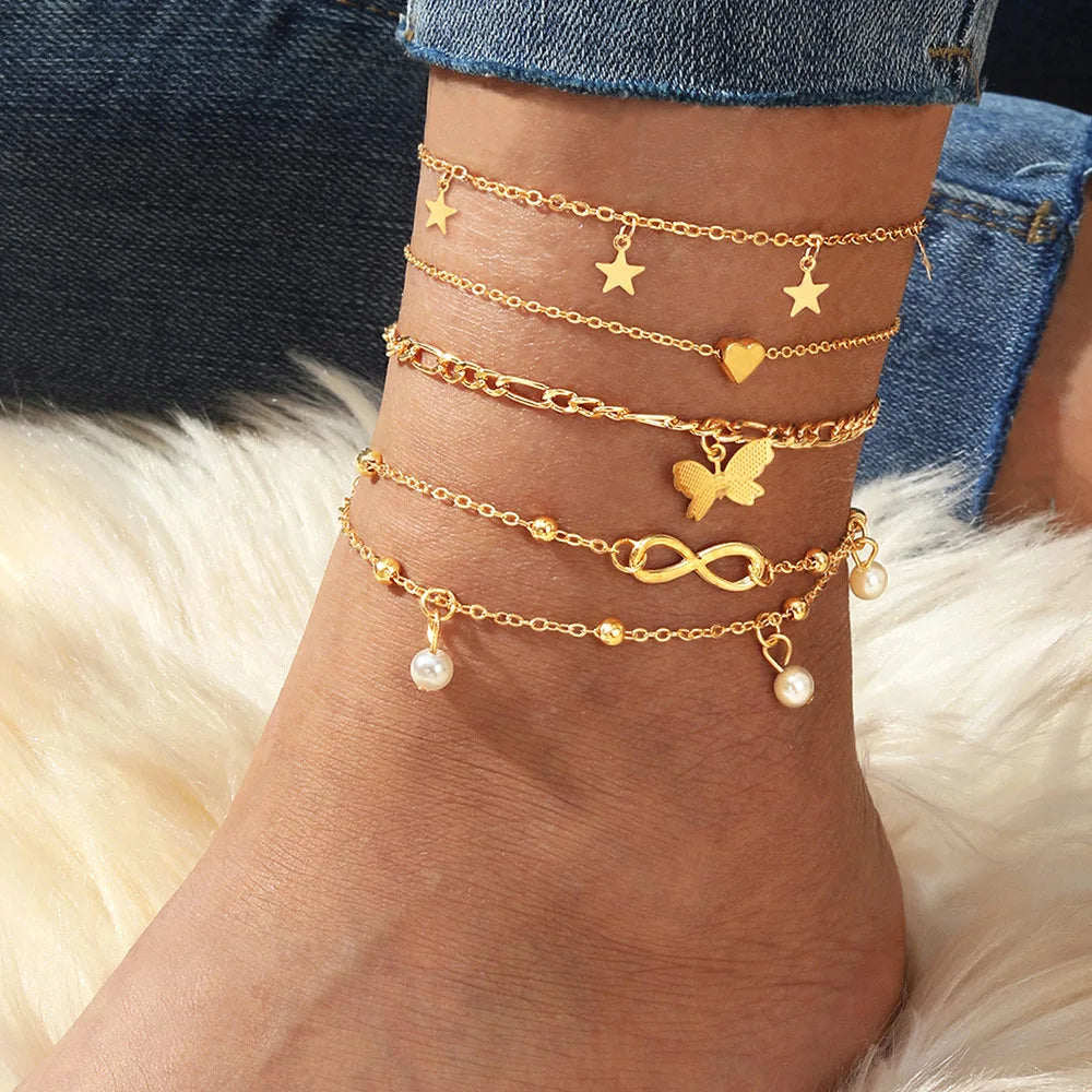 Bohemia Butterfly Anklet Set for Women Star Heart Pearl Charm Ankle