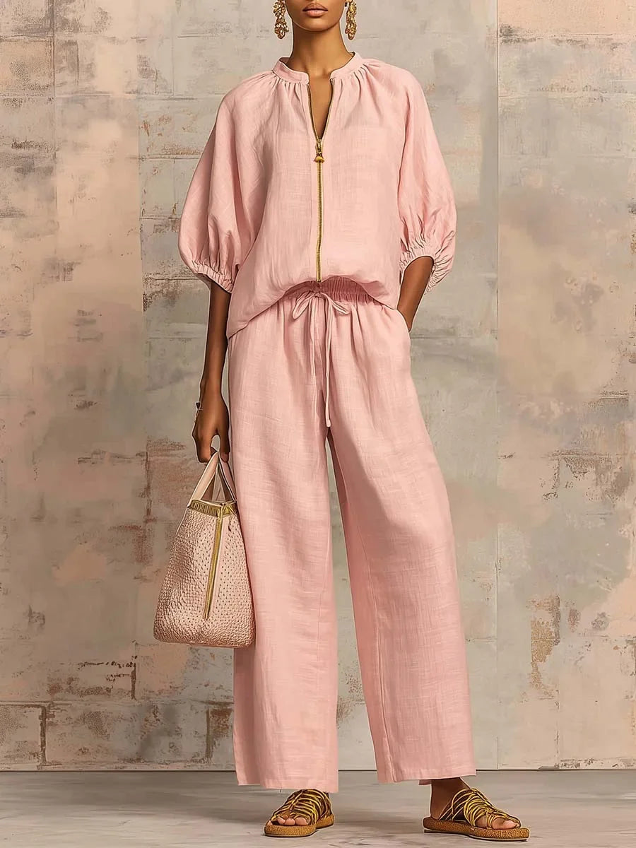 Women's Casual Solid Color Cozy Pant Set Chic Laple Zipper Short Sleeve Shirt Elasticity Waist Pant Suit Women New Two Piece Set