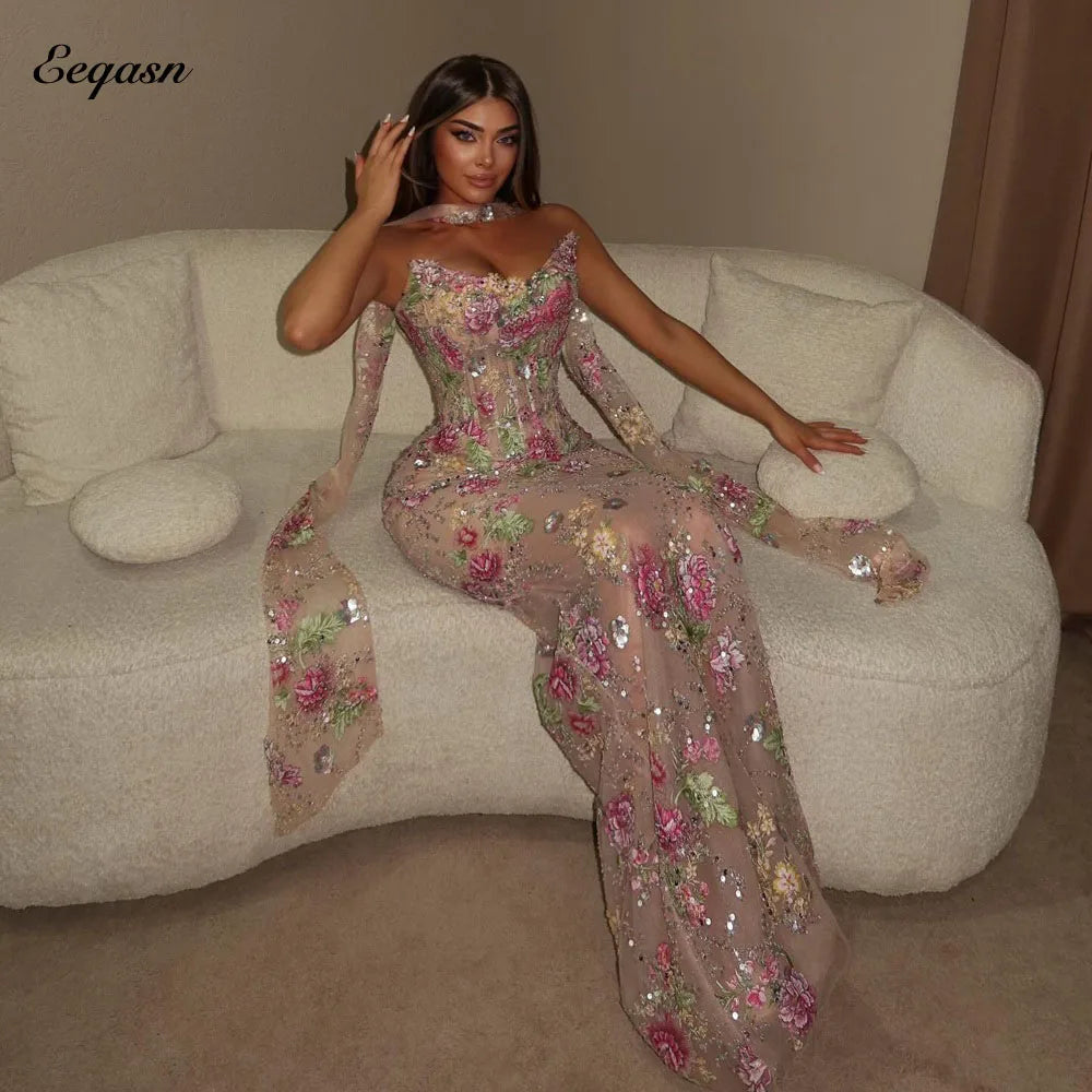 Eeqasn Customized 2026 Luxury Evening Dresses Lace Embroidery Corset Bodice Mermaid Maxi Dress Strapless Formal Wedding Guest