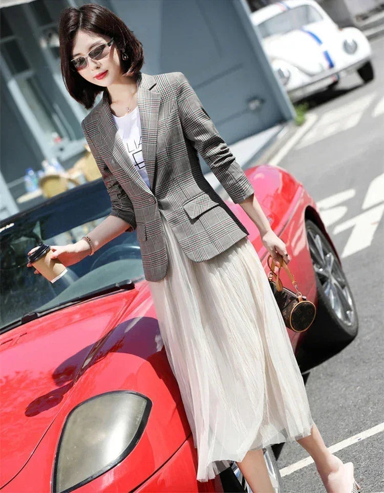 Blazer a cuadros a rayas grises, chaqueta, abrigos delgados de moda para mujer, blazers de mujer con cuello en V de un solo botón S-XXXXXL