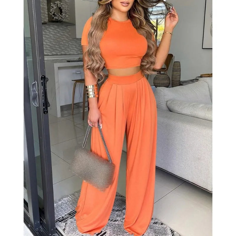 Spring Summer Flower Print Slim Suit Women Sexy O-Neck Short Sleeve Short T-shirt Top High Waist Wide Leg Pants Trousers Suit