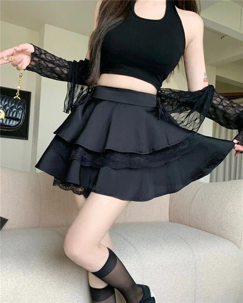 Y2K Sweet Solid Women Mini Skirt Summer High Waist Lace Patchwork Ladies Ball Gown Fashion All Match Ruffles Female Skirt