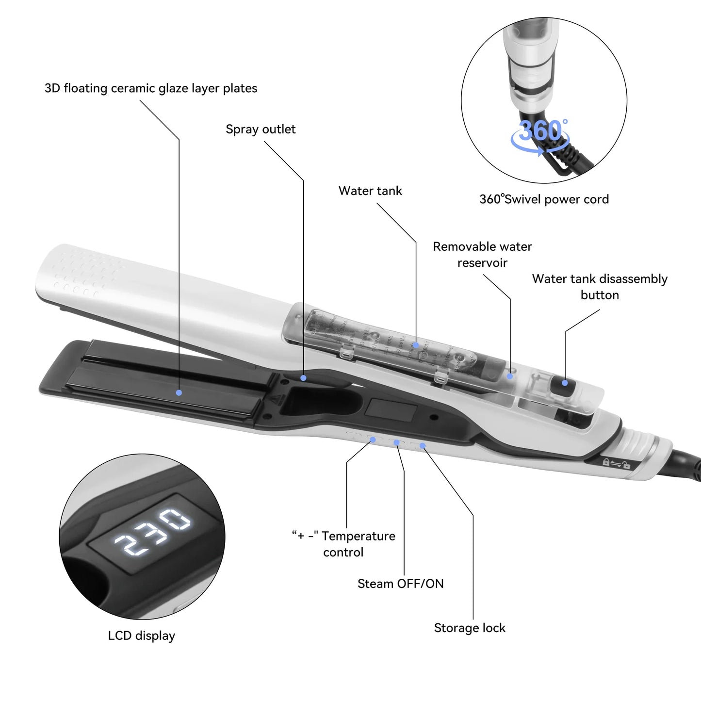 Steam Hair Straightener Professional Electric Ceramic Wide Hair Curling Flat Iron Hair Plates Lcd Display Hot Comb Straightening