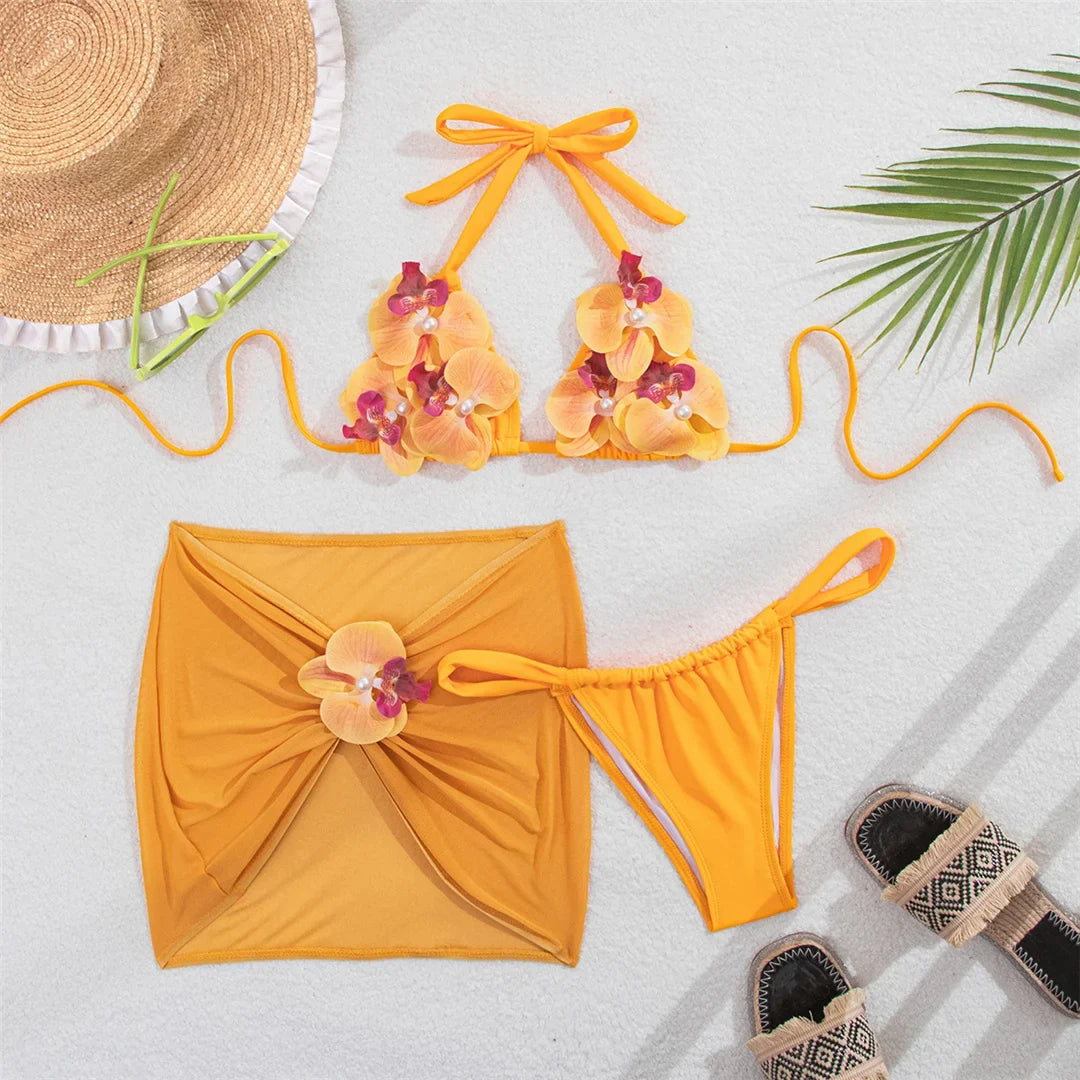 3D Flowers With Skirt Bikini Female Swimsuit Women Swimwear Halter Padded Bather Bathing Suit Swim Three-pieces Bikini set K8102