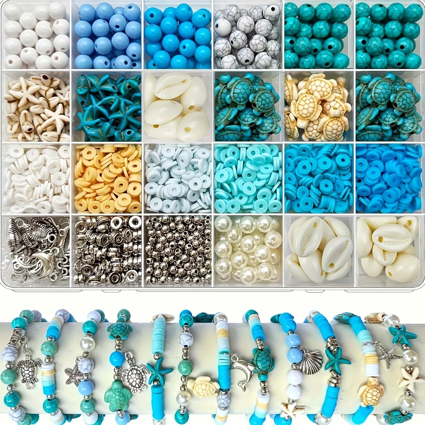 1860pcs Sea Blue and White Beads Paired with Sea Turtle and Starfish
