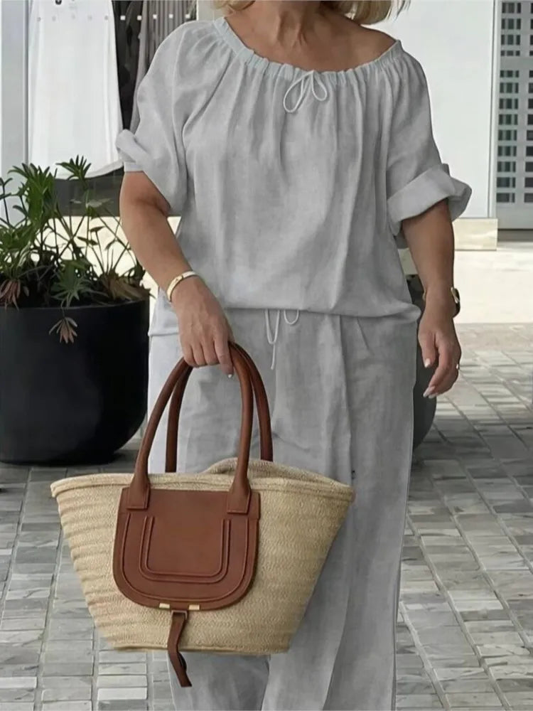 Fashion Casual Woman 2 Piece Set Outfit New Spring And Summer Women's Loose Drawstring Round Neck Top And Pants Two-piece Set