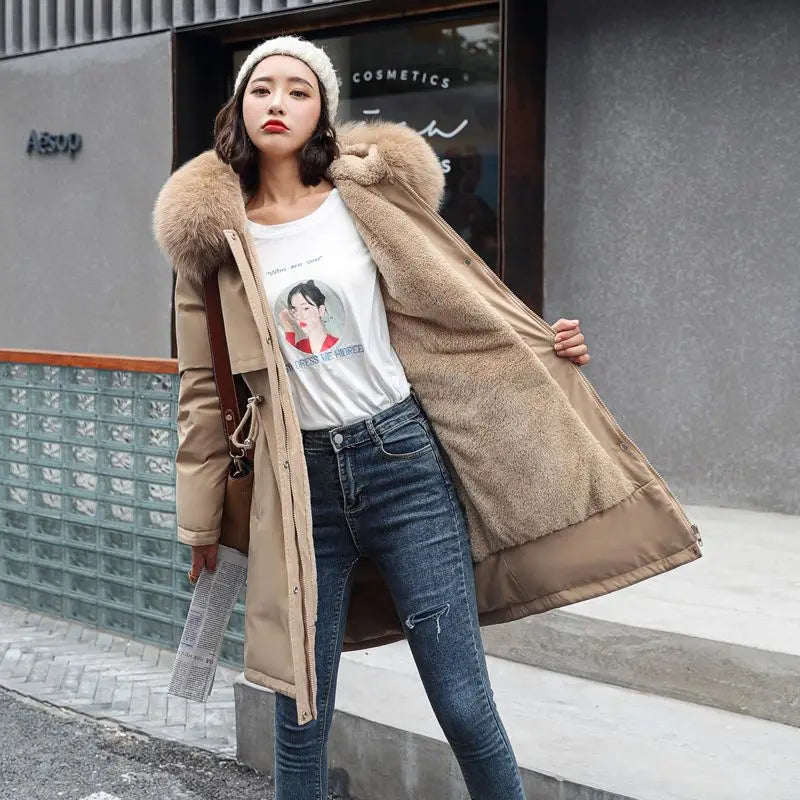 2026 New Winter Women Parka Fur Hooded Jackets Thicken Warm Cotton-padded Puffer Coat Casual Long Parkas Clothes Loose Outerwear