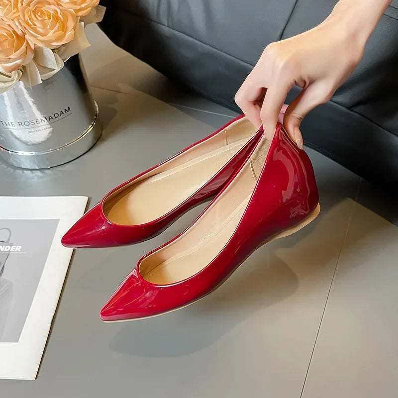 Women Low Heels 5cm Internal Height Increasing Shoe Fashion Flats Women Shoes Pointed Toe Patent Leather Office Driving Shoes
