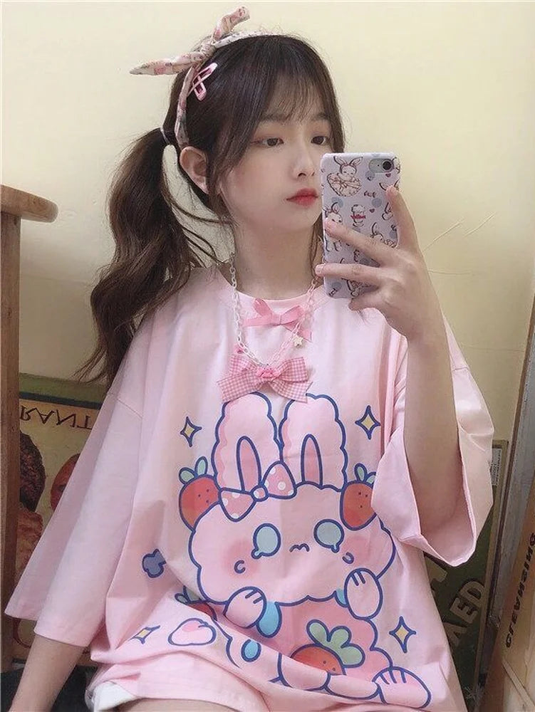 Camiseta de Harajuku de Conejito Fresa Rosa