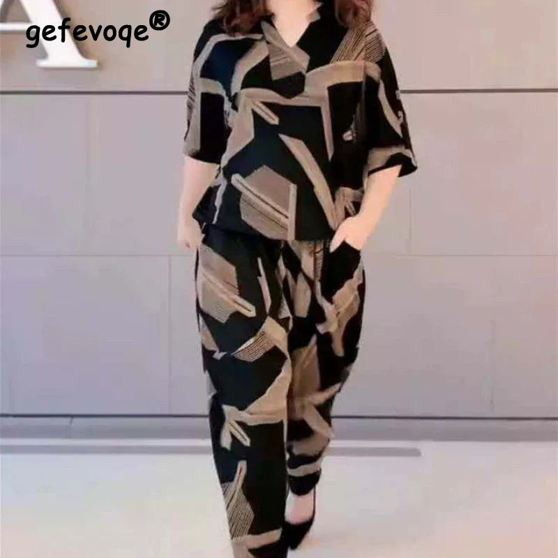 Casual Fashion Geometric Letter Printing Pant Sets Summer 2025 Short Sleeve V-Neck T-shirt Wide Leg Pants Slim Women's Clothing