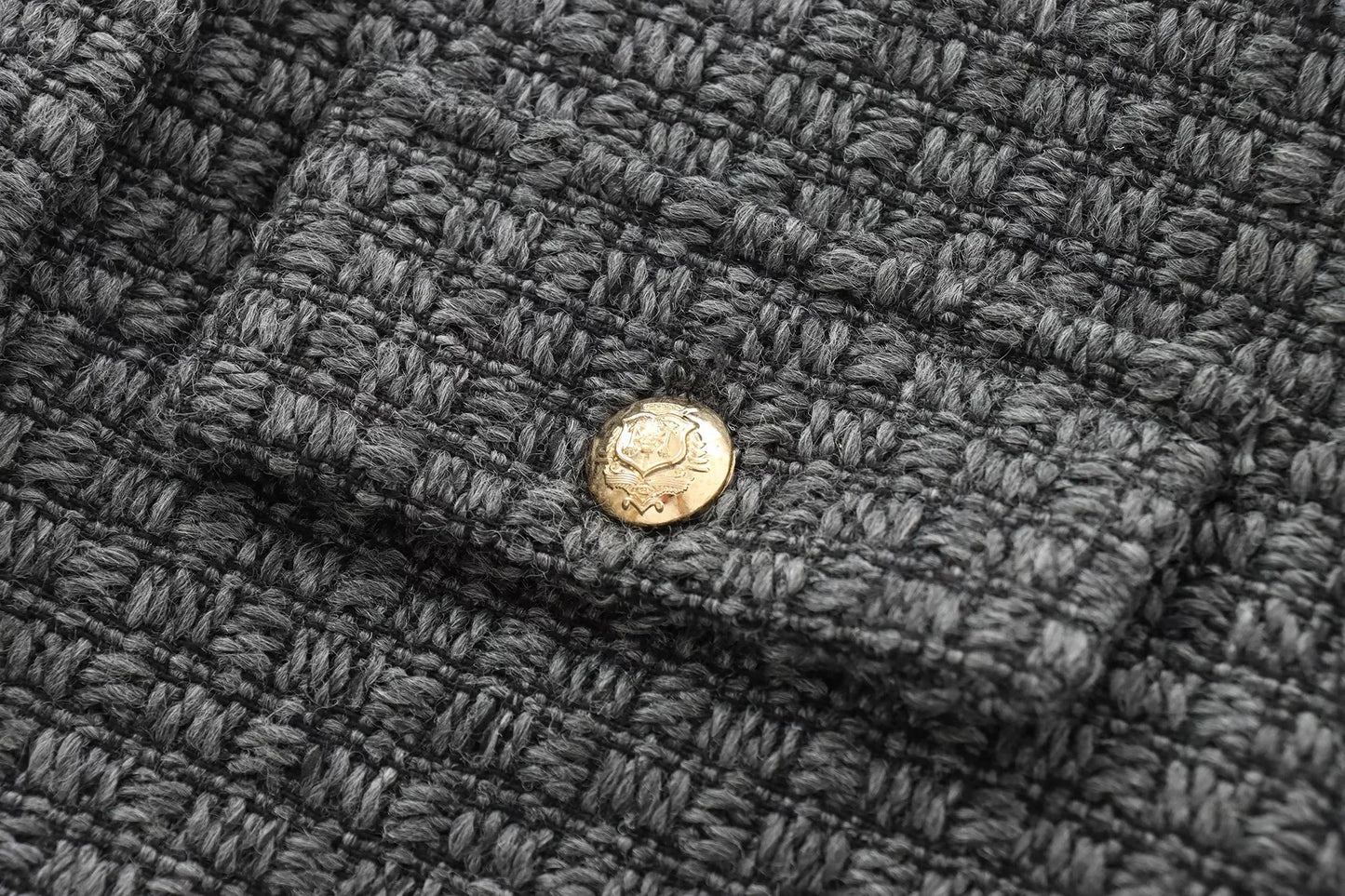 Foridol Tweed Knitted Dark Grey Blazer Coat Women Autumn Winter Gingham Short Coat Office Lady Vintage Buttons Veste