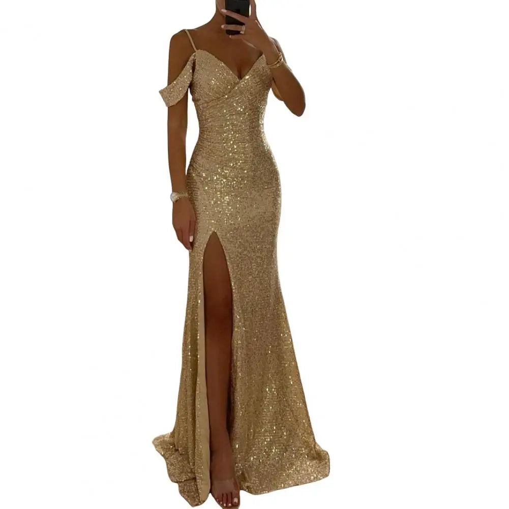Vestido de mujer con lentejuelas, tirantes, sexy, brillante, lentejuelas, hombros descubiertos, cuello en V, abertura lateral, vestido de fiesta, vestido de fiesta de boda, vestido largo