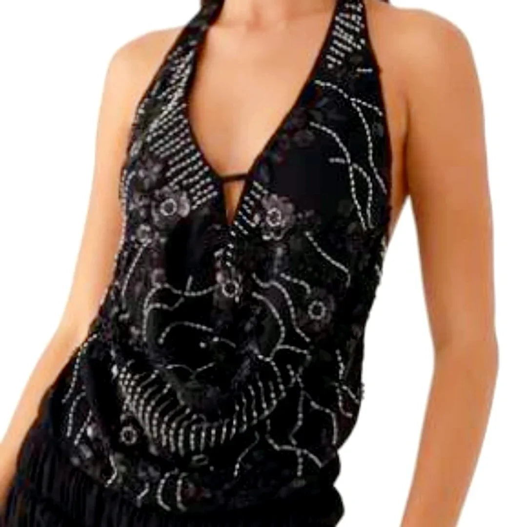 Women Flower Sequins Halter Vest Sleeveless Backless Deep V Neck Camisole Vintage Sexy Tank Top Streetwear