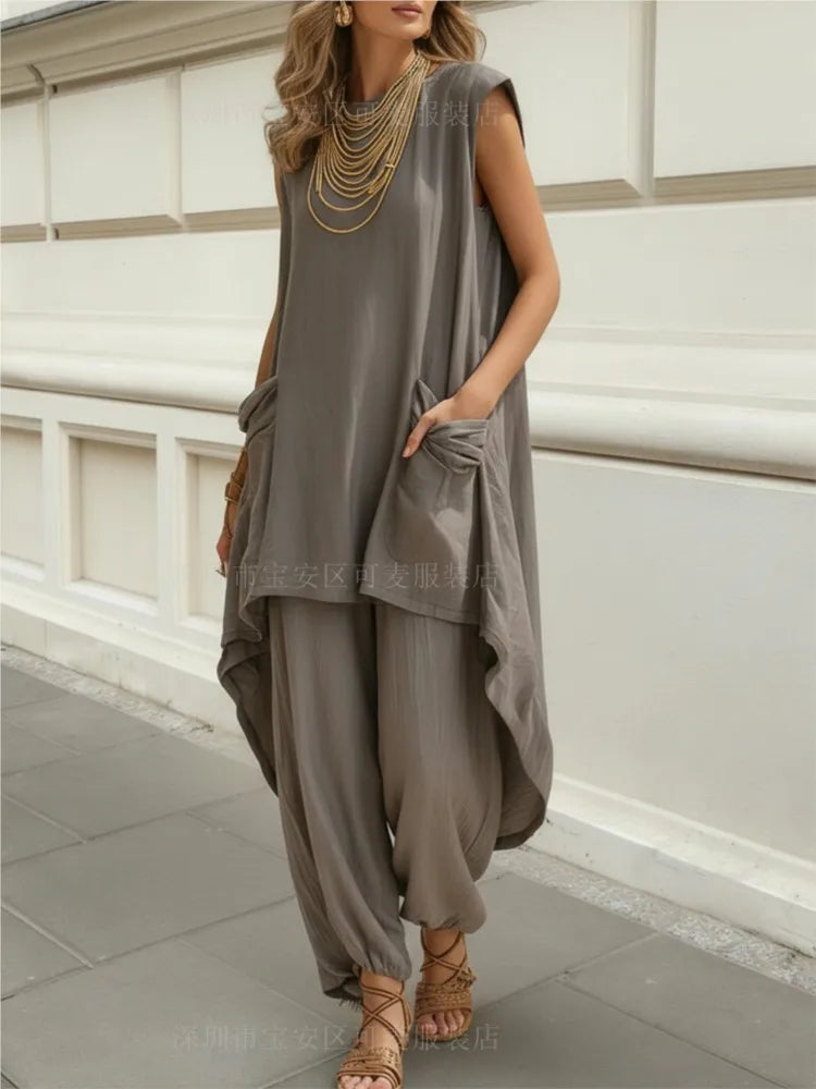 Women Loose Two-piece Sets Sleeveless Large Pockets Irregular Long Top Wide-leg Trousers Summer Casual Holiday Solid Color Suits