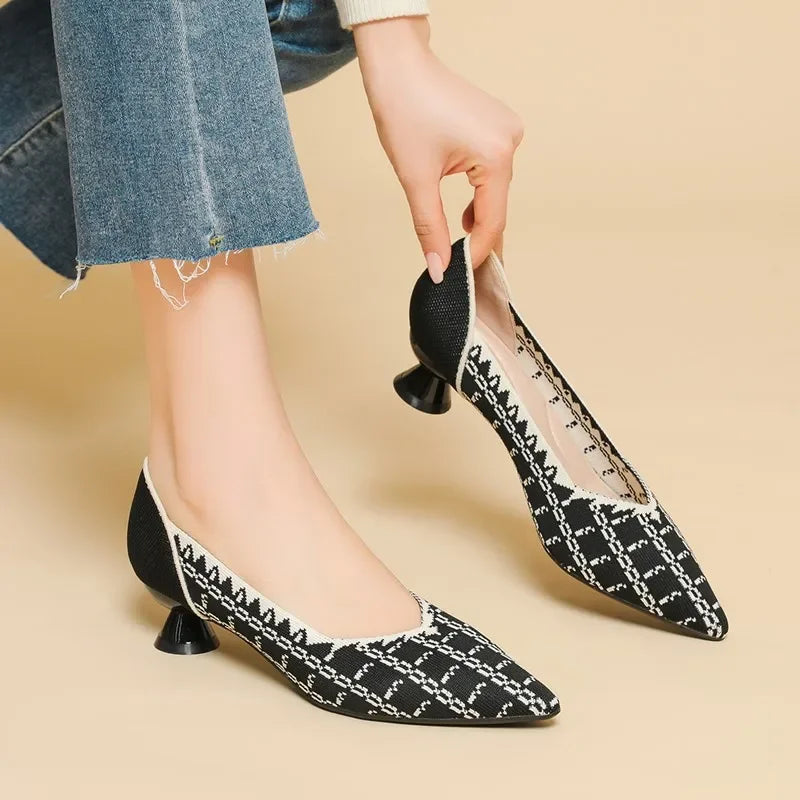 New Knitted Dress Shoes for Women Fashion Leopard Print Pointed Toe Shallow Designer Pumps Elegant Party Banquet Heels Ladies