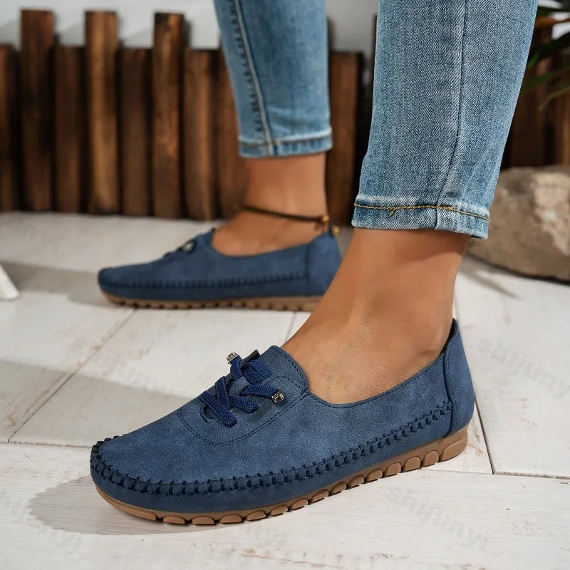 Women's Loafers Fashion Lace Up Comfortable Round Toe Soft Sole Flats Daily Walking Lightweight Versatile Slip on Casual Shoes