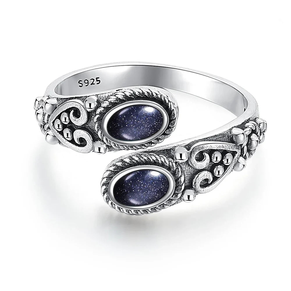 925 Vintage Silver Ring with Natural Moonstone 6*8mm Adjustable Rings