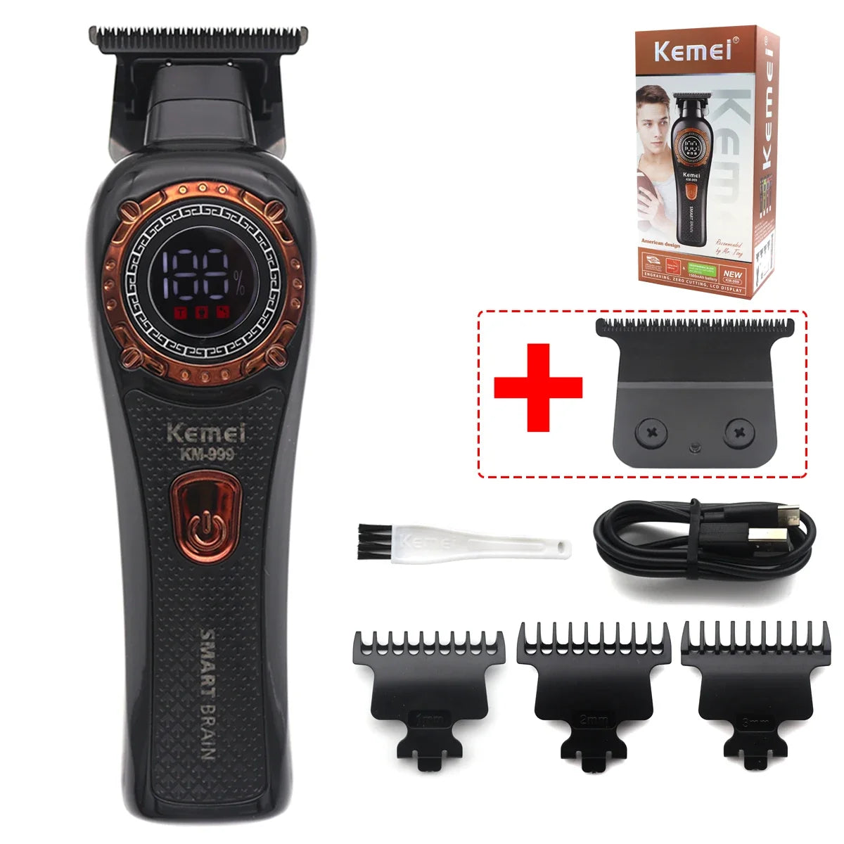 Kemei DLC T-Blade Zero Gapped LED Display Cordless USB Professional Hair Clipper Finishing Machine KM-999 Hair Trimmer for Men