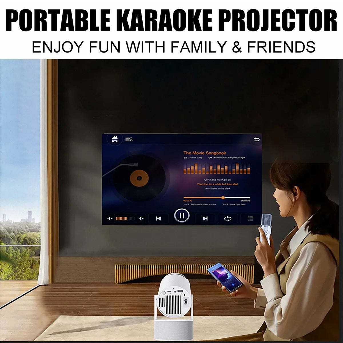 Portable Karaoke Projector with 2 Wireless Microphones Home Theater Movie Projector 180" Large Screen 180° Adjustable Angle Dual Band WiFi6 Bluetooth 5.0 Screen Mirroring Mini Outdoor Projector for Family Party