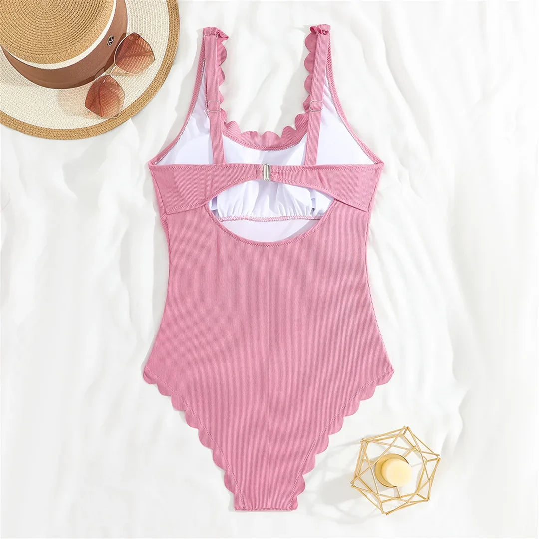 S - XXL 11 Colors Ribbed Frilled Women Swimwear One Piece Swimsuit Female Backless High Leg Cut Bather Bathing Suit Swim K7097