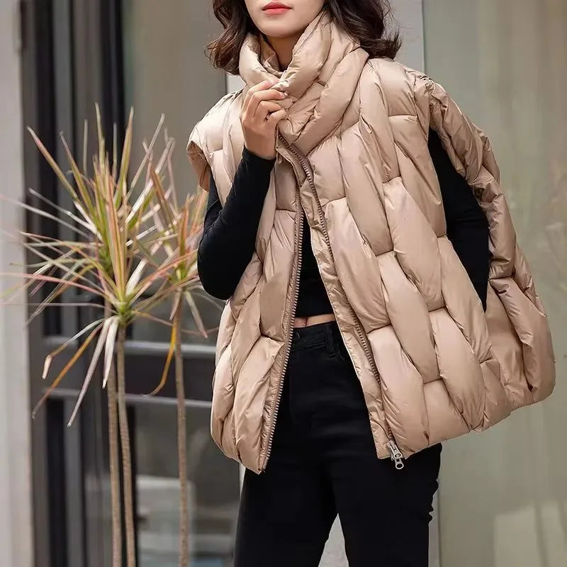 Women Thick Cotton Vest Women Square Weave High Collar Warm Waistcoat Casual  Warm Puffer Bubble Sleeveless Jacket