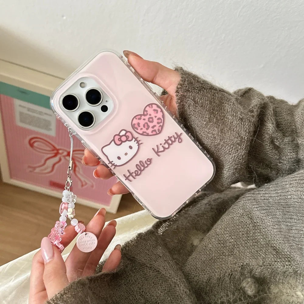 Bonita funda de teléfono Hello Kitty con estampado de leopardo rosa IMD para iPhone