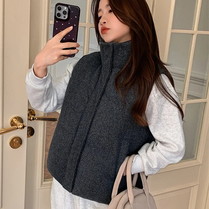 Short Down cotton Vest Women's 2025 Korean Fashion New Stand-up Sleeveless Zipper Student Vest Jacket Black Gray Waistcoat Tide
