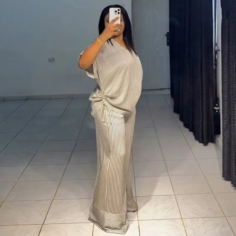 Pant Set Women Two Piece Sets V Neck Short Sleeve Drawstring Shirt Striped Wide Leg Long Pants Elastic Waist Y2k Streetwear 2026