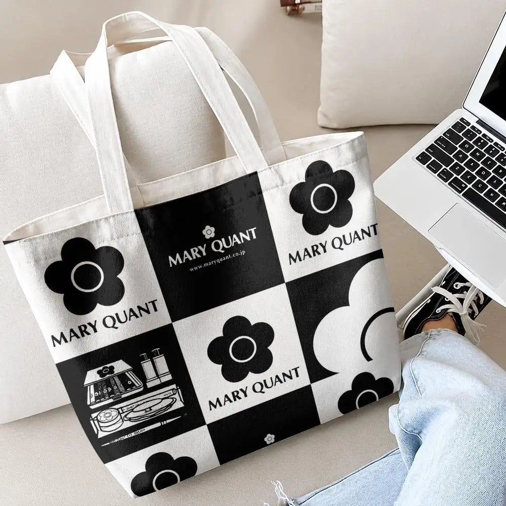 Fashion M-Mary Quant Storage Bags 2-Piece Canvas Tote Bag Set with Zipper Pouch Large Capacity Shopping Travel Bag