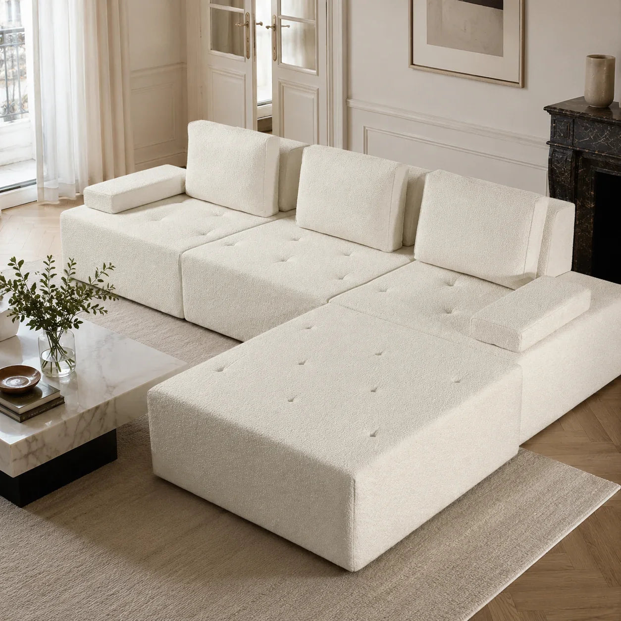 #Modern L Shape Sectional Sofa Cream White Fabric Deep Seat Cloud Modular Living Room Sofa Luxury Nordic Style Home Sofa Set
