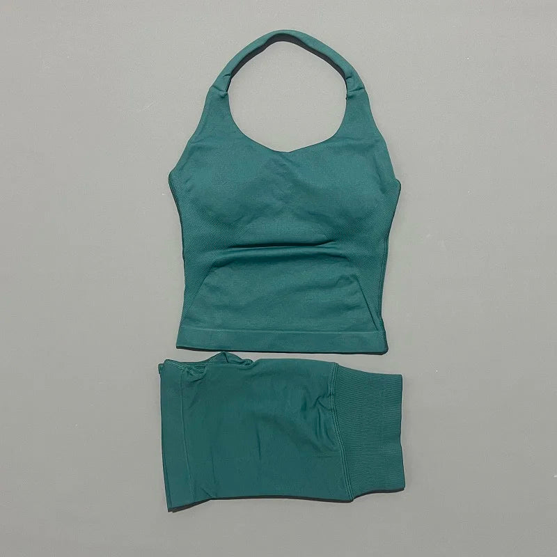 2 Pieces Shorts Yoga Set Women Backless Halter Tops High Waist Seamless Shorts Gym Suit Fitness Sportswear Workout Sets