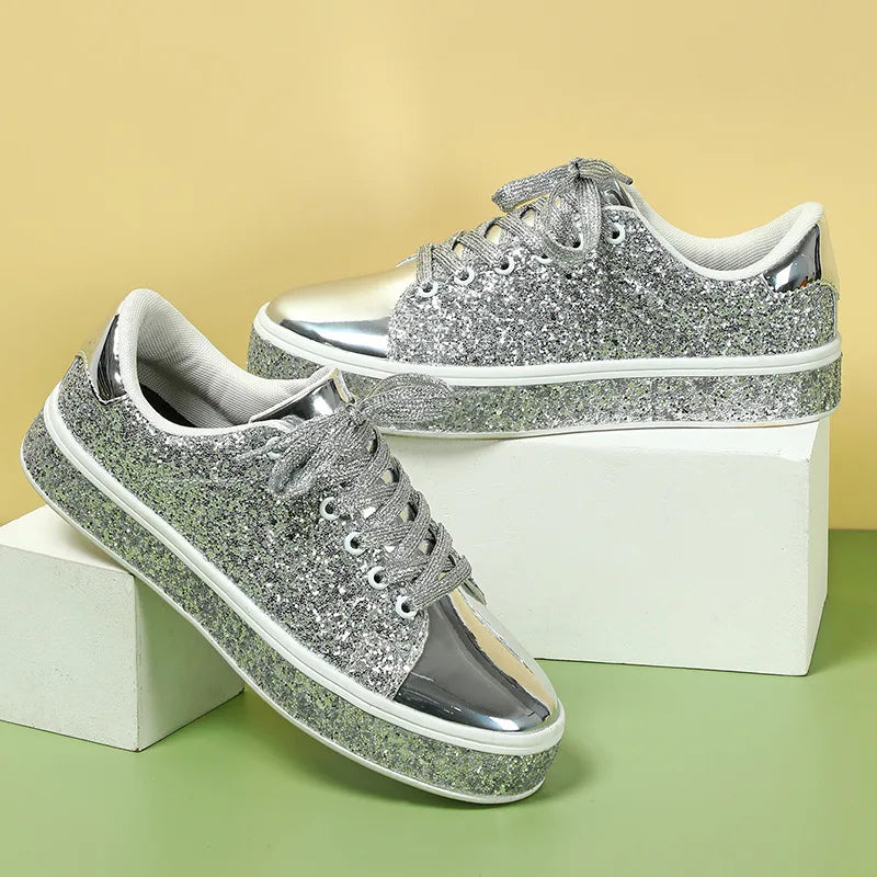 Women Glitter Sequin Leather Pink Sports Shoes Thick Soled Casual Shoes 2025 Ladies Spring Comfortable Lace-up Flat Sneakers