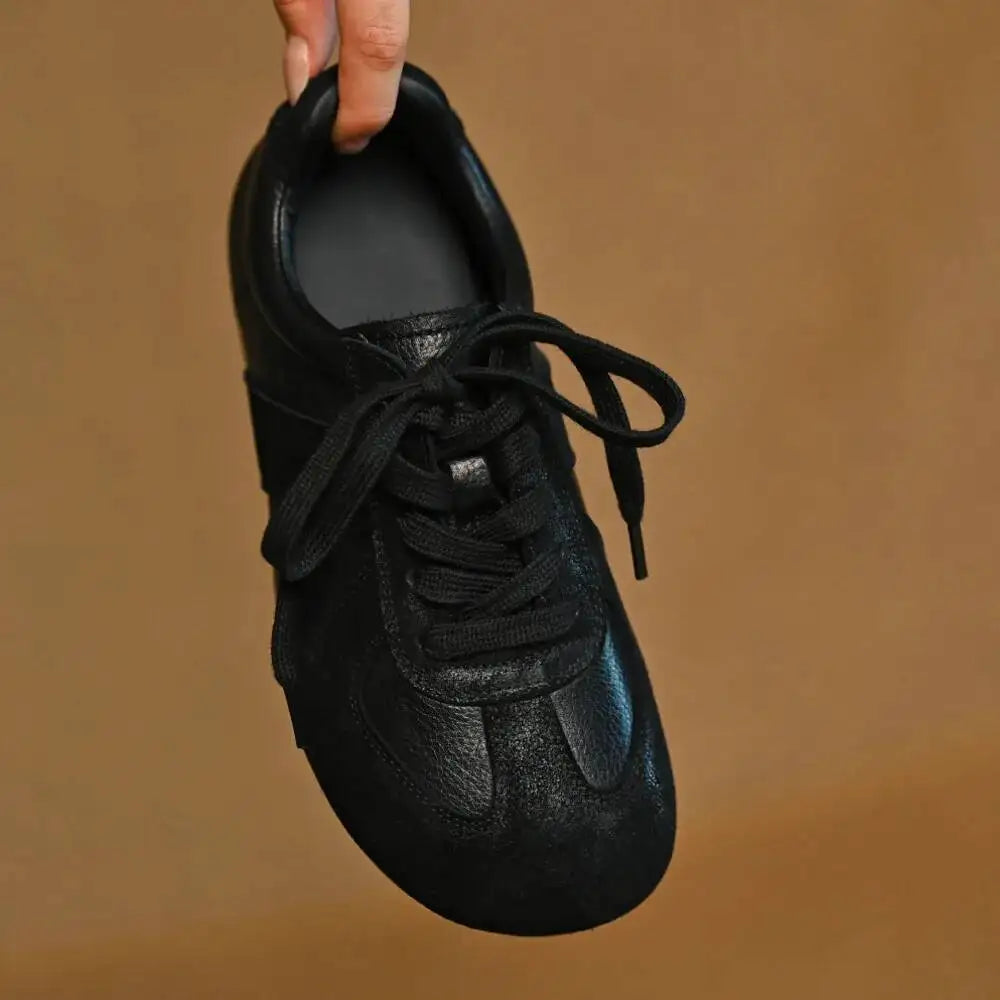 Women Sneakers Spring 2025 New Genuine Leather Non-slip Round Toe Women Shoes Shallow Bow Casual Women Shoes Black
