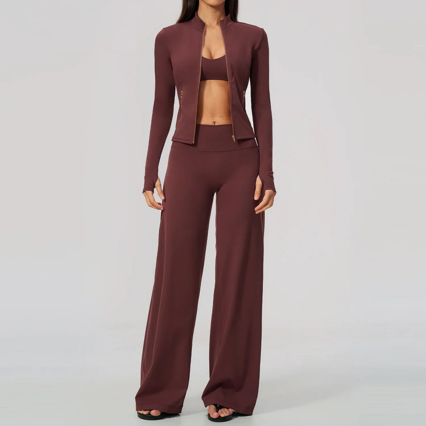 3 PCS Yoga Sets Women Long Sleeve Zipper Slim Jacket+sports Bra+high Waist Flare Pants Fitness Suits Gym Exercise Athletic Wear
