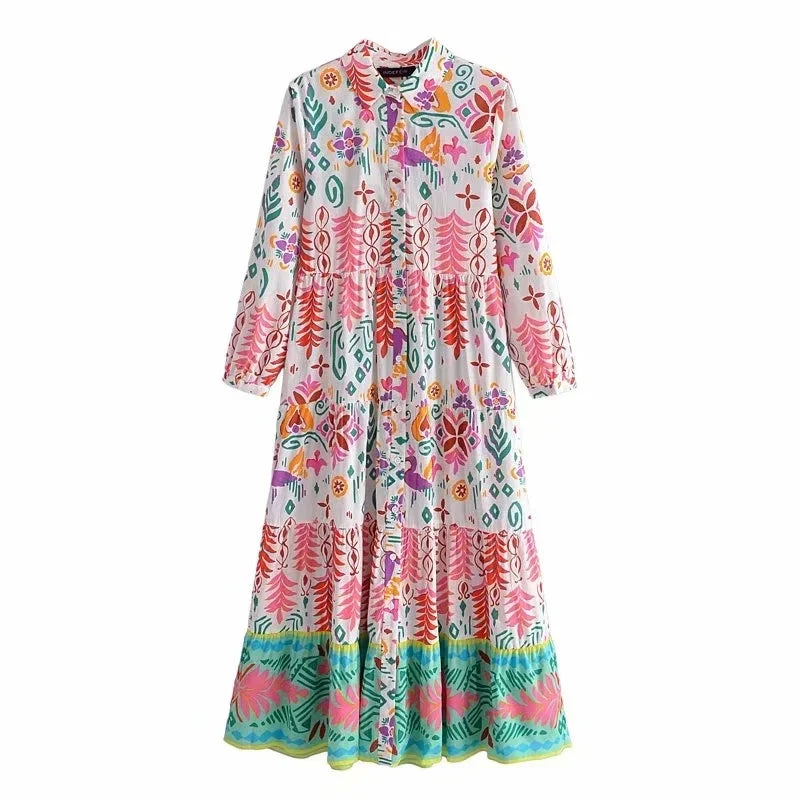 Foridol Paisley Print Shirt Dress Elegant Autumn Spring Green Dress Floral Print Boho Female Maxi Dress Long Sleeve Vestido 2025
