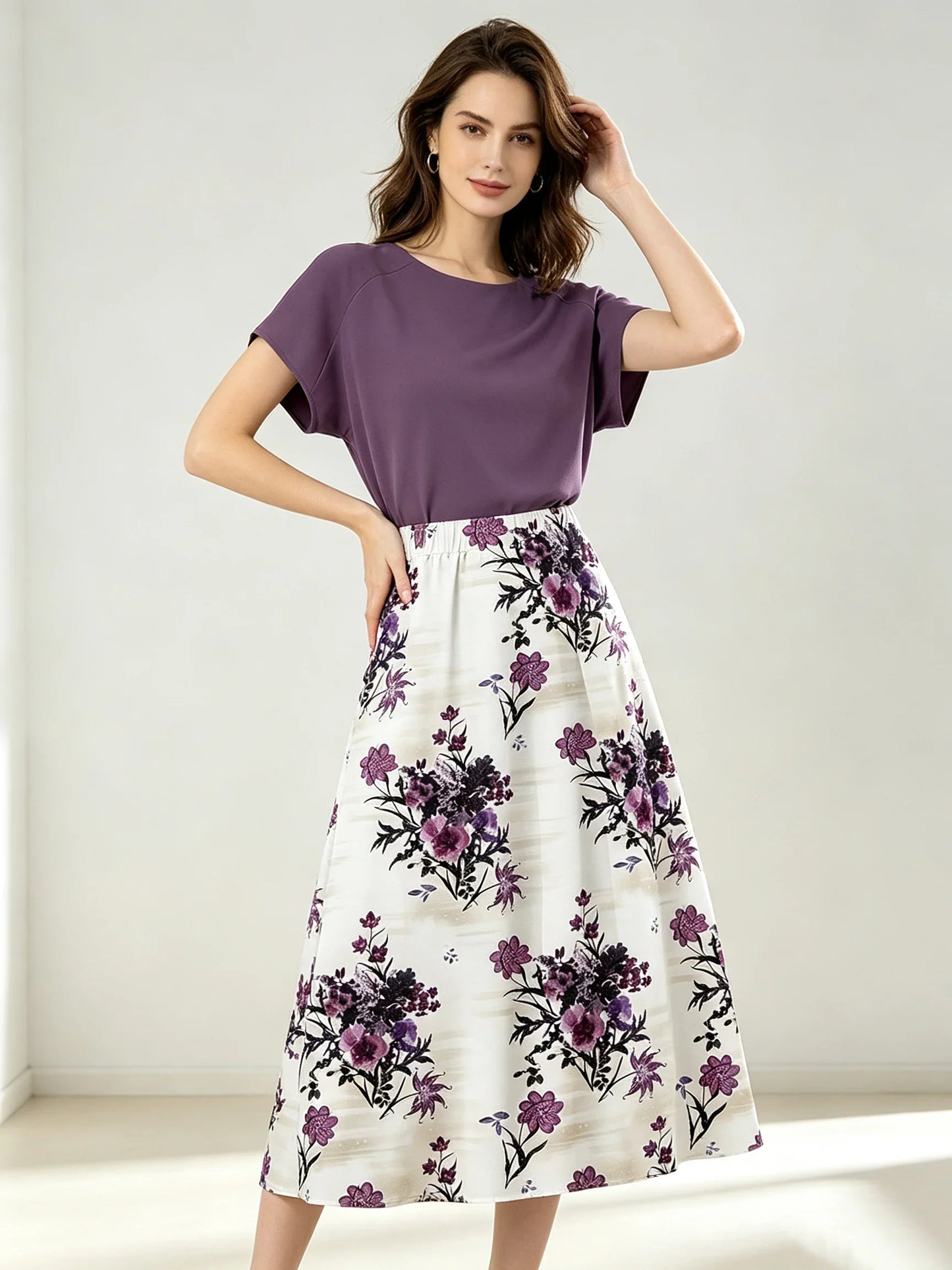 Retro plus Size Women's Ink Purple Printed Skirt Set with Simple Purple Short-Sleeved T-Shirt Elegant Casual Women's Outfit