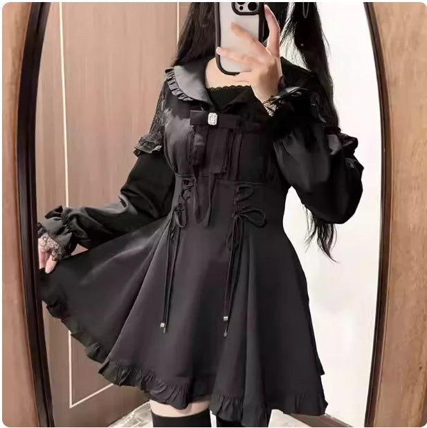 Large Size Spring Autumn Sweet Black Sailor Collar Long Sleeve Japanese Dress Shorts High Waist A-line Bow Age Reduction Sets