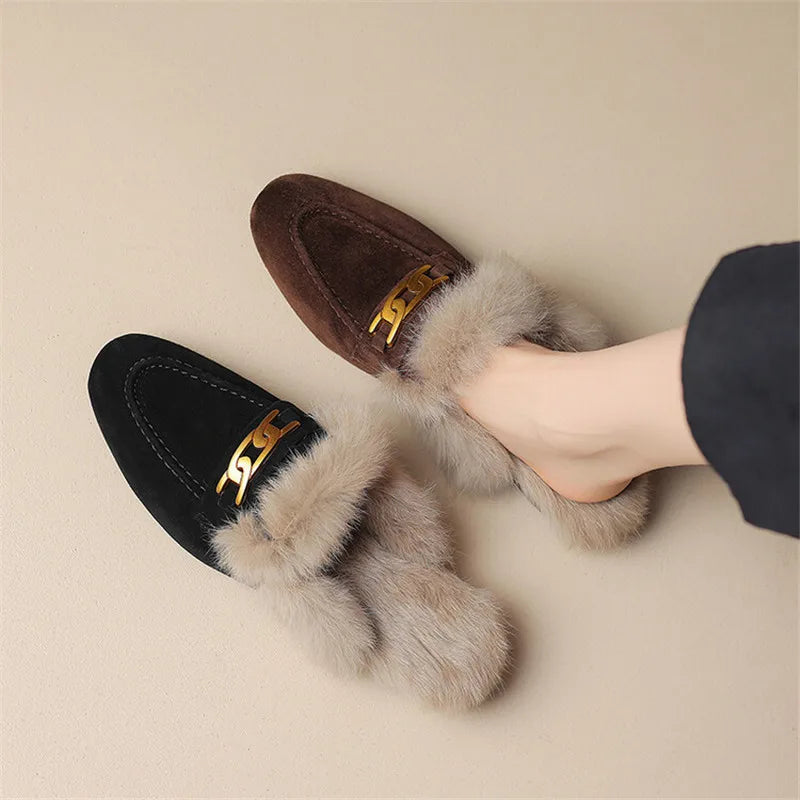 2023 Winter Sheep Suede Women Shoes Rabbit Hair Mules Shoes for Women Round Toe Low Heel Slippers Chunky Heel Cover Toe Slippers