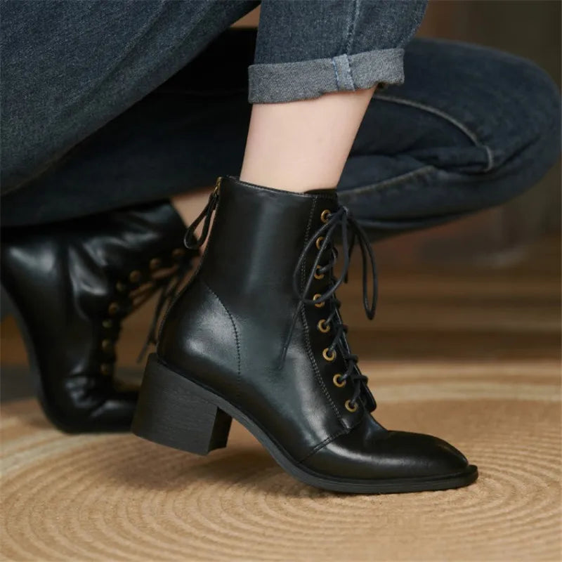 Women's Round Toe Split Leather Boots with Chunky Heels